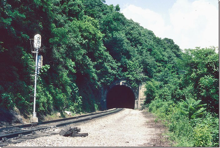 North portal of Lookout Mountain Tunnel near Chattanooga TN, FKA Alabama Great Southern. L&N (NC&StL) runs between Southern and the Interstate highway through these narrows with the Cumberland River.